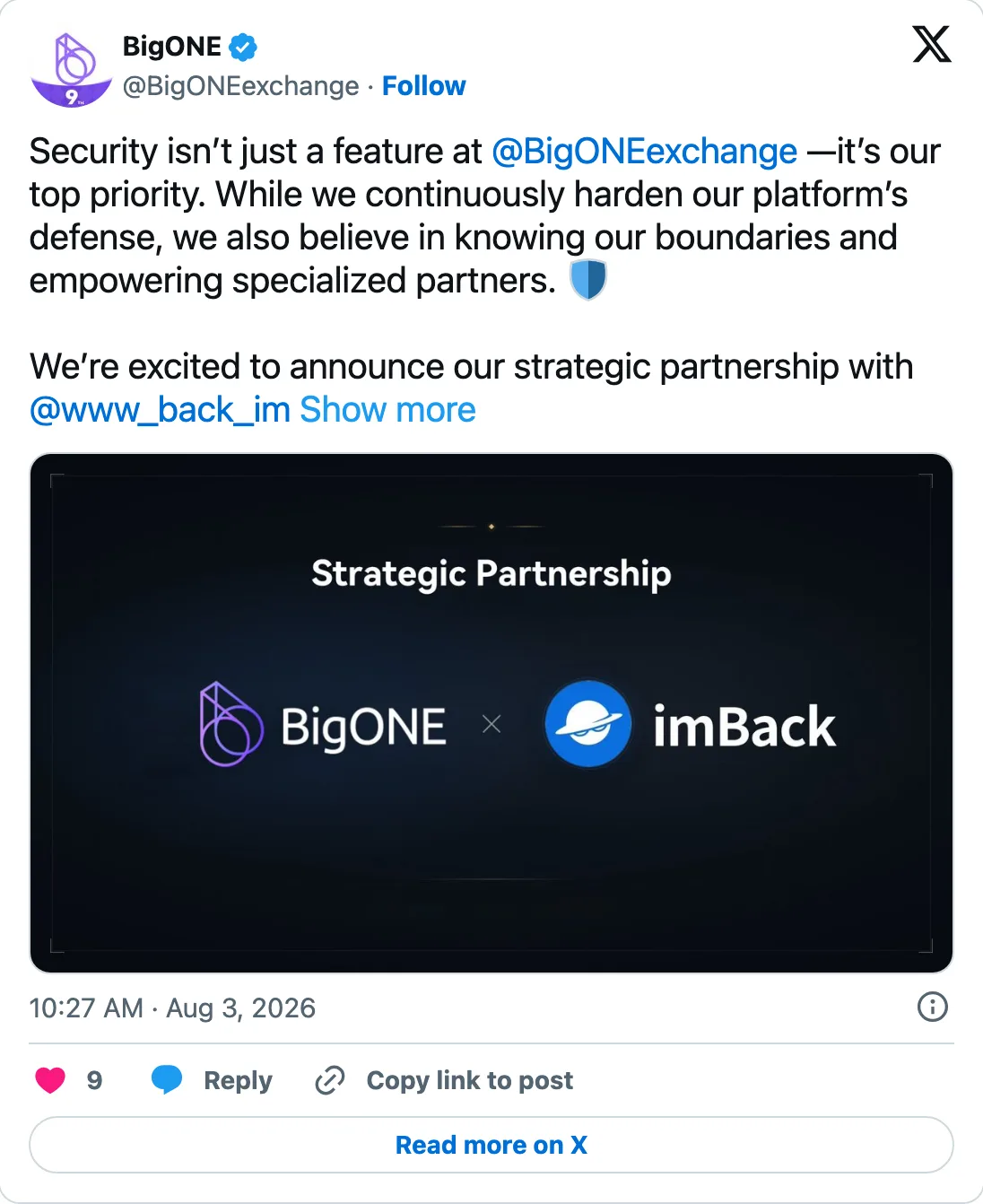 BigONE tweet announcing the strategic partnership with imBack